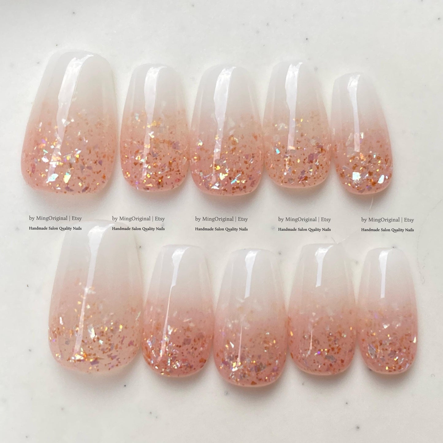Peach Glitter Ombre, Handmade Press on Nails, Milky White Gradient Shimmer False Nails, MO879