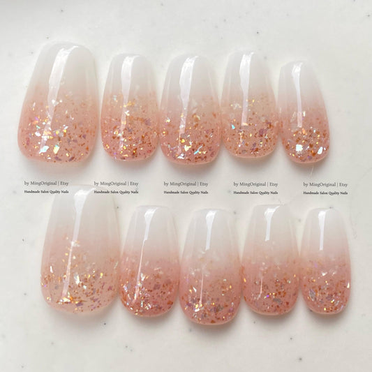 Peach Glitter Ombre, Handmade Press on Nails, Milky White Gradient Shimmer False Nails, MO879