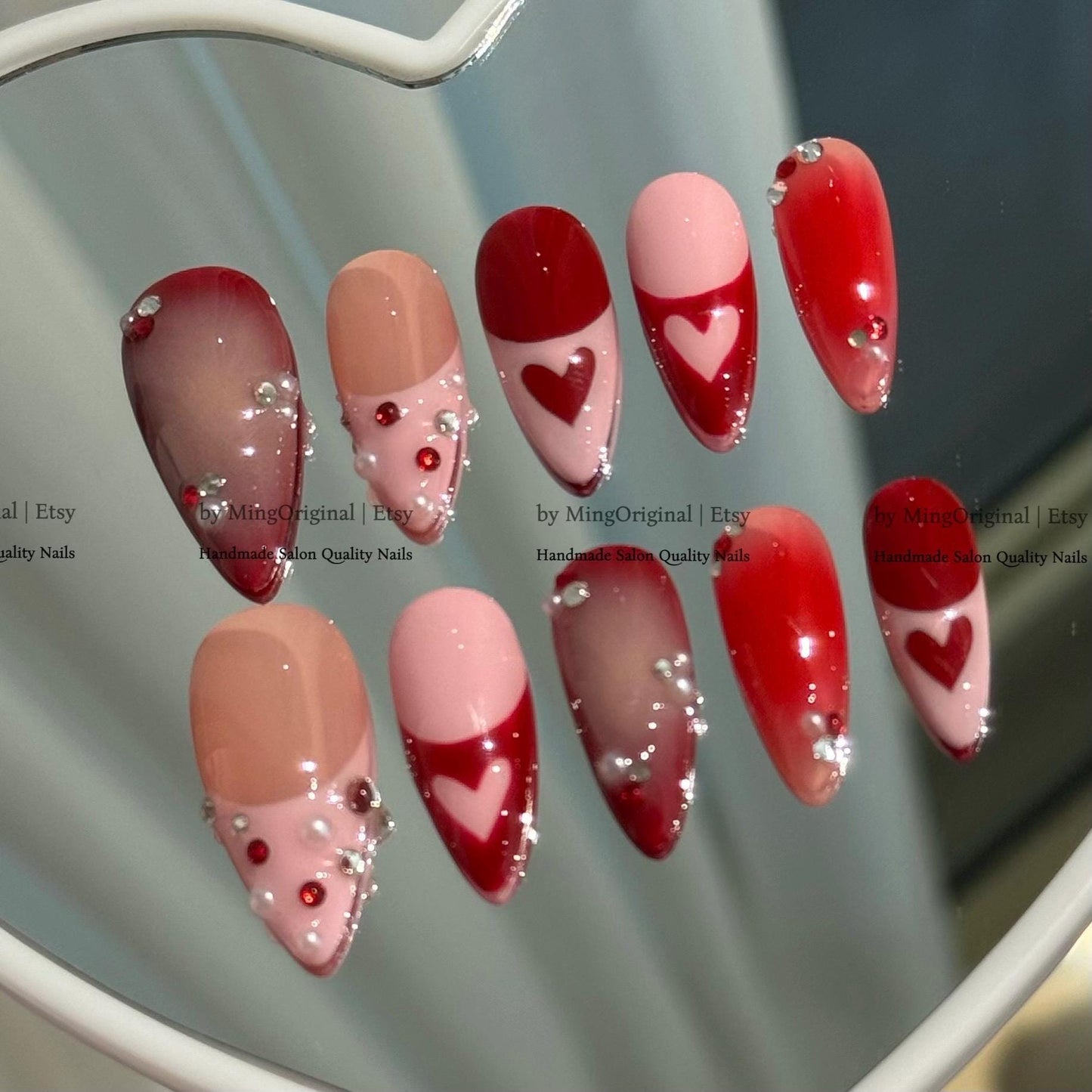 Red Heart Nails, Valentine's Day Press ons, Romantic Pink Pearl 3D Handmade Nails, MO880