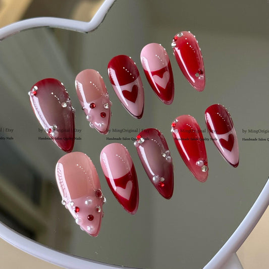 Red Heart Nails, Valentine's Day Press ons, Romantic Pink Pearl 3D Handmade Nails, MO880