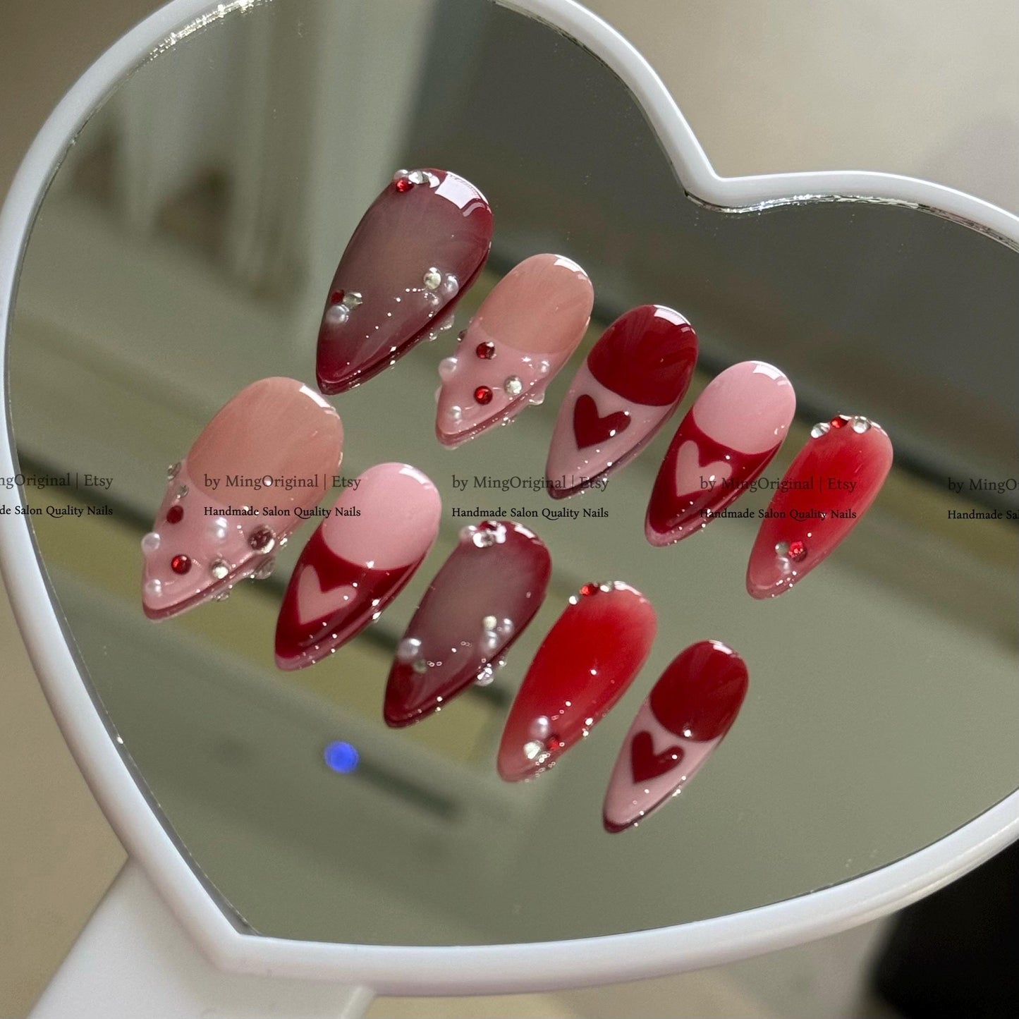 Red Heart Nails, Valentine's Day Press ons, Romantic Pink Pearl 3D Handmade Nails, MO880