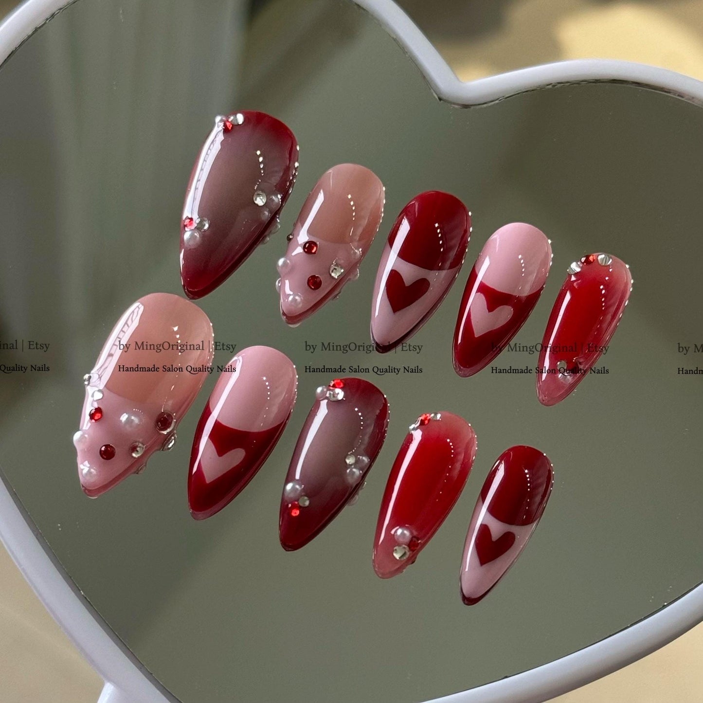 Red Heart Nails, Valentine's Day Press ons, Romantic Pink Pearl 3D Handmade Nails, MO880