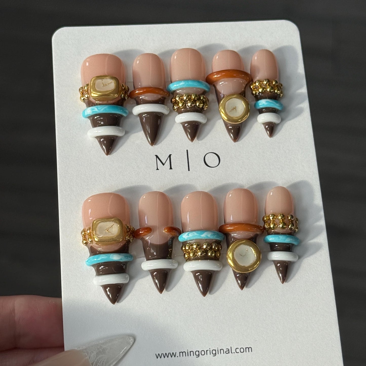 3D Bangle Press On Nails, Sculpted Ring Detail Fake Nails, Brown and Turquoise Gel Nails, MO856