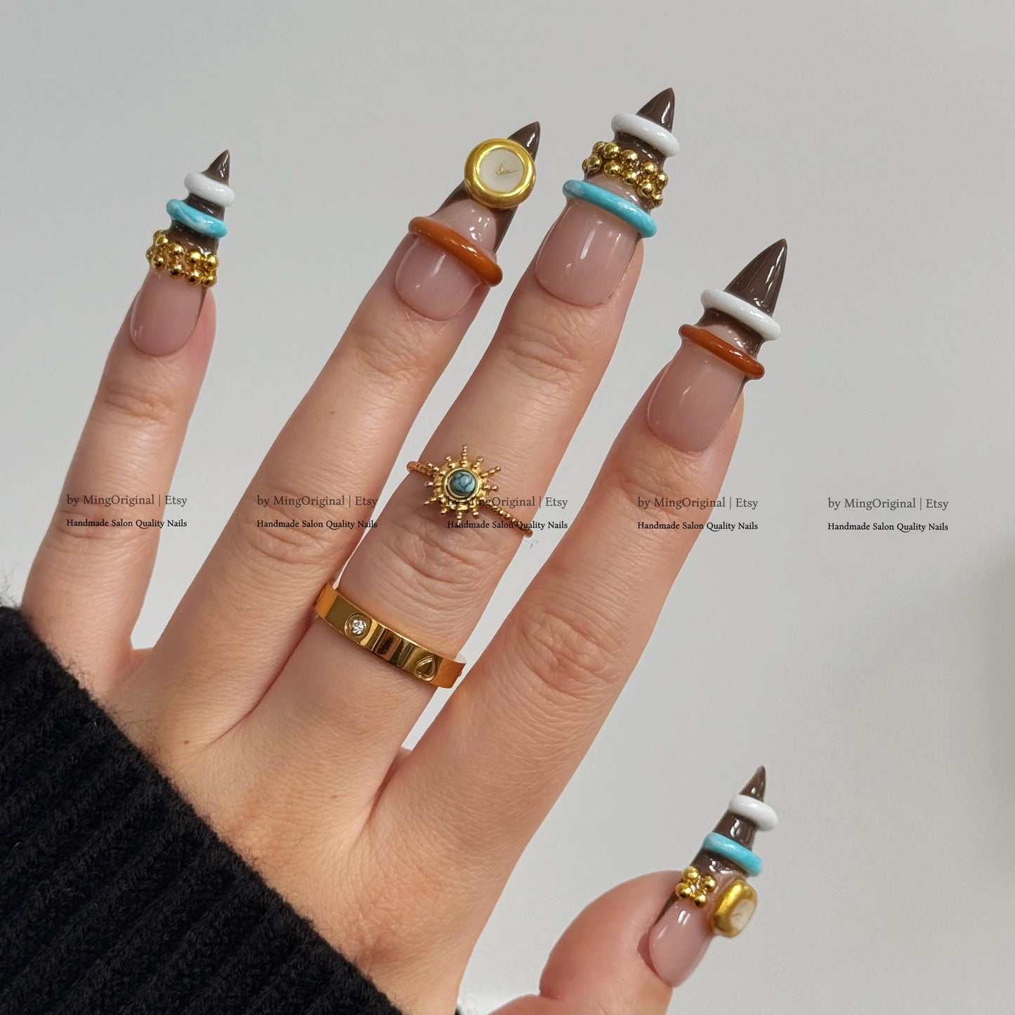 3D Bangle Press On Nails, Sculpted Ring Detail Fake Nails, Brown and Turquoise Gel Nails, MO856