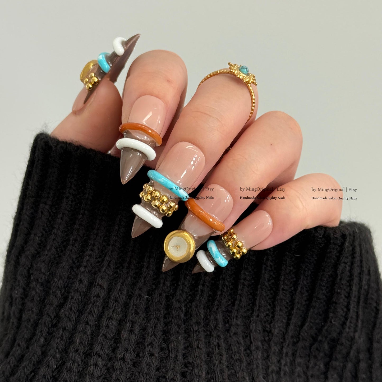 3D Bangle Press On Nails, Sculpted Ring Detail Fake Nails, Brown and Turquoise Gel Nails, MO856