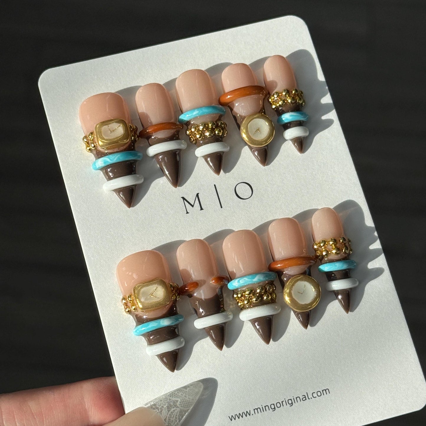 3D Bangle Press On Nails, Sculpted Ring Detail Fake Nails, Brown and Turquoise Gel Nails, MO856
