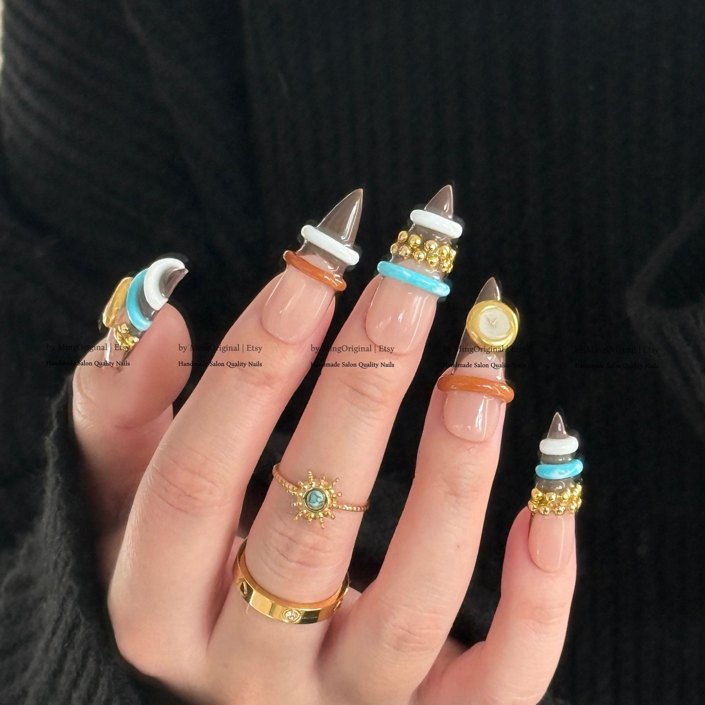 3D Bangle Press On Nails, Sculpted Ring Detail Fake Nails, Brown and Turquoise Gel Nails, MO856