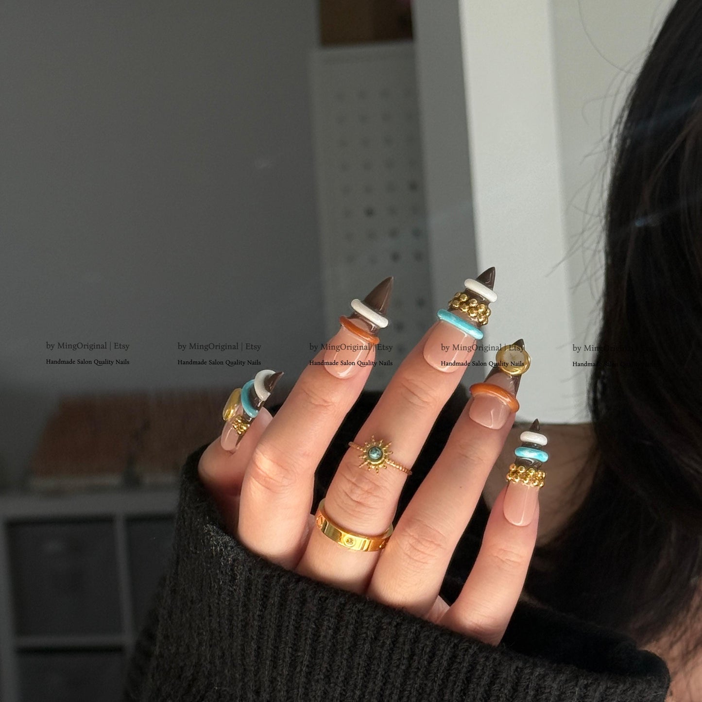 3D Bangle Press On Nails, Sculpted Ring Detail Fake Nails, Brown and Turquoise Gel Nails, MO856