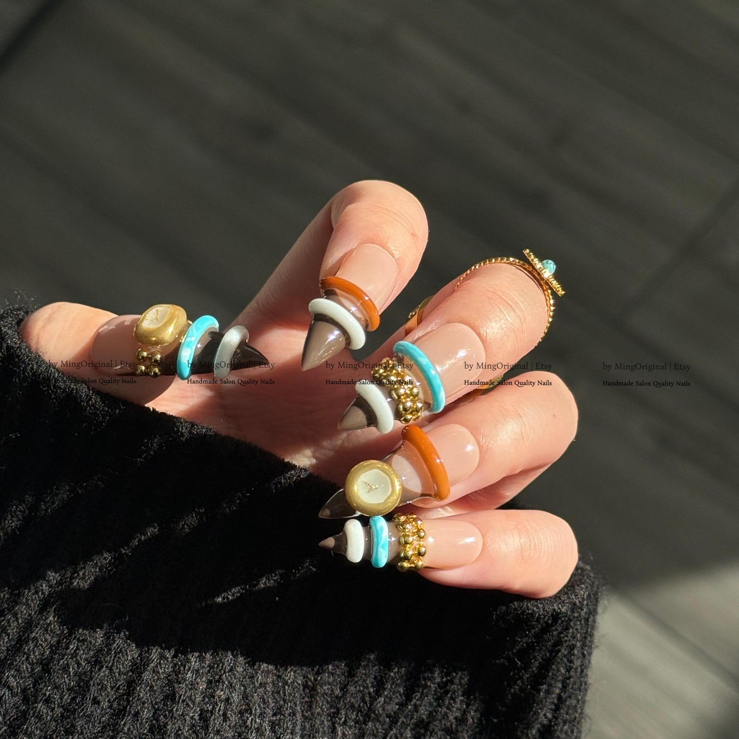 3D Bangle Press On Nails, Sculpted Ring Detail Fake Nails, Brown and Turquoise Gel Nails, MO856