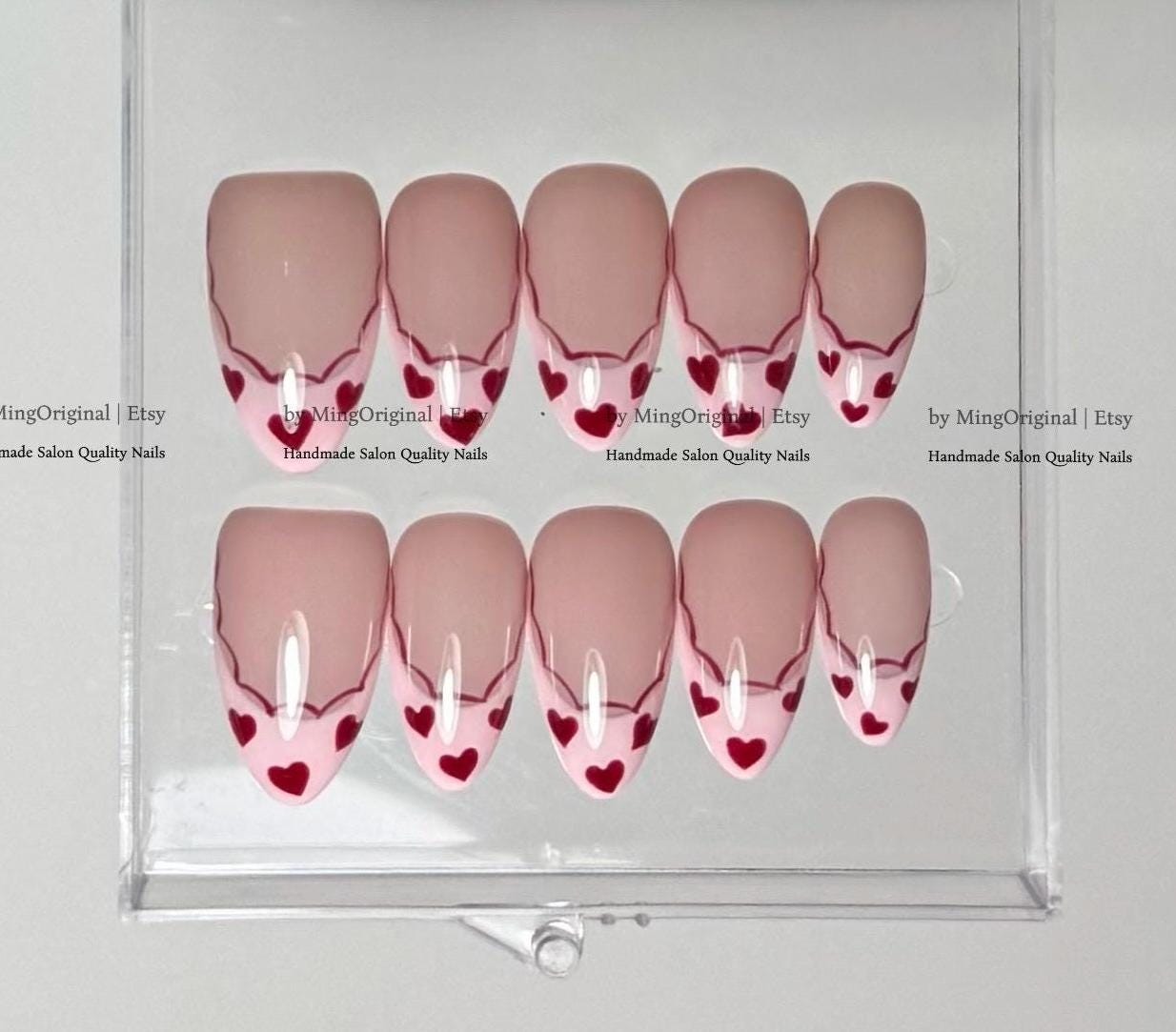 Red Heart Press On Nails, Cute French Tip Fake Nails, Nude and Pink Gel Nails, valentine gift for her, MO857