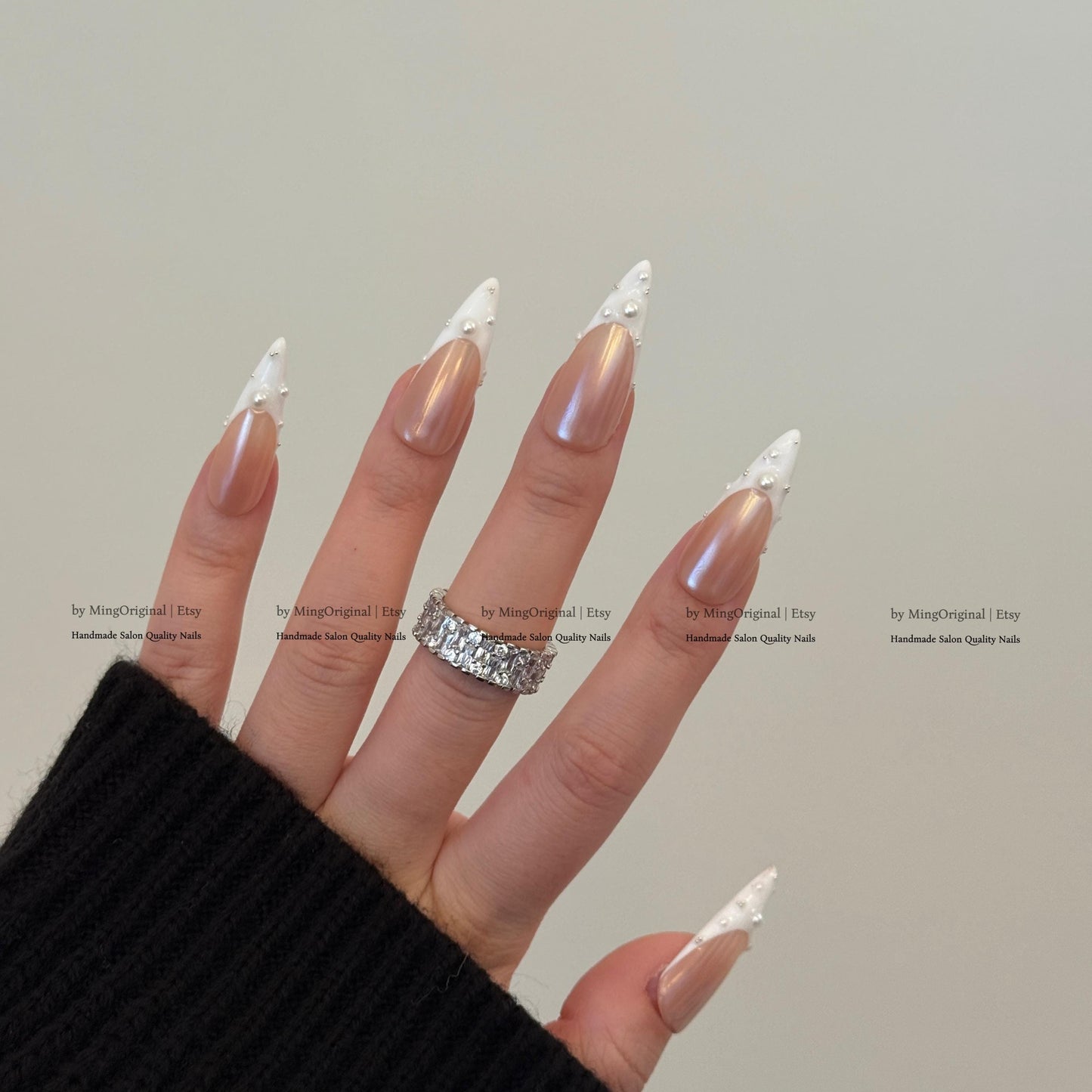Pearl French Tip Press On Nails, Glazed Donuts Pearlescent Chrome White Glue On Nails, Nude Fake Nails, Bridal Manicure MO858