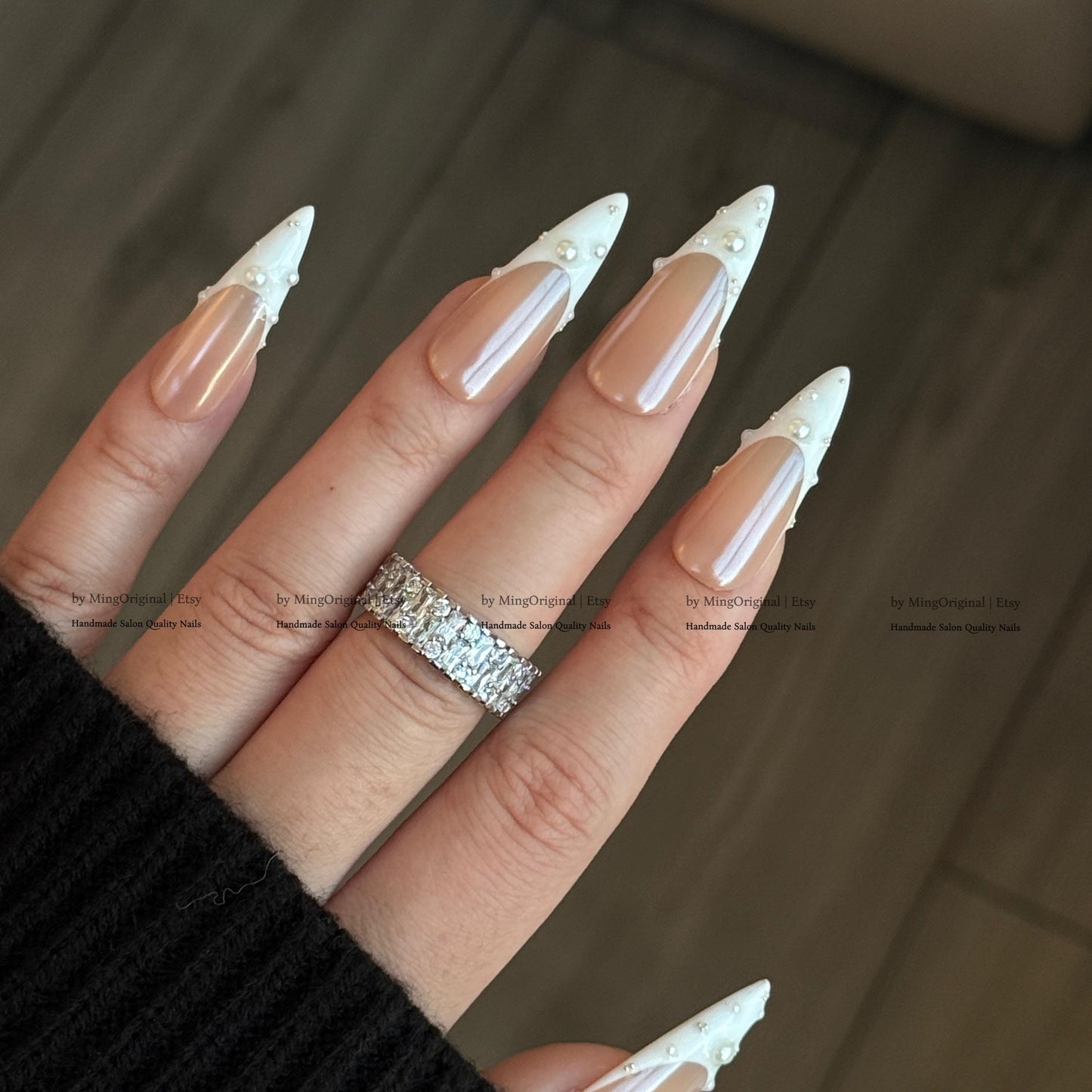 Pearl French Tip Press On Nails, Glazed Donuts Pearlescent Chrome White Glue On Nails, Nude Fake Nails, Bridal Manicure MO858
