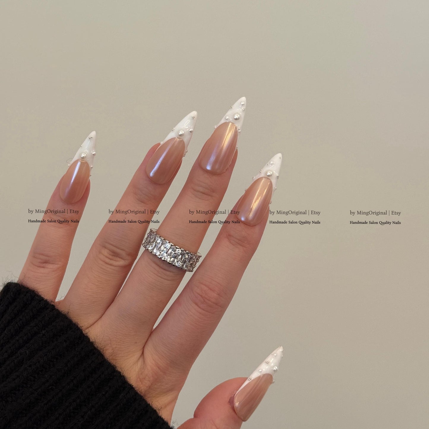 Pearl French Tip Press On Nails, Glazed Donuts Pearlescent Chrome White Glue On Nails, Nude Fake Nails, Bridal Manicure MO858