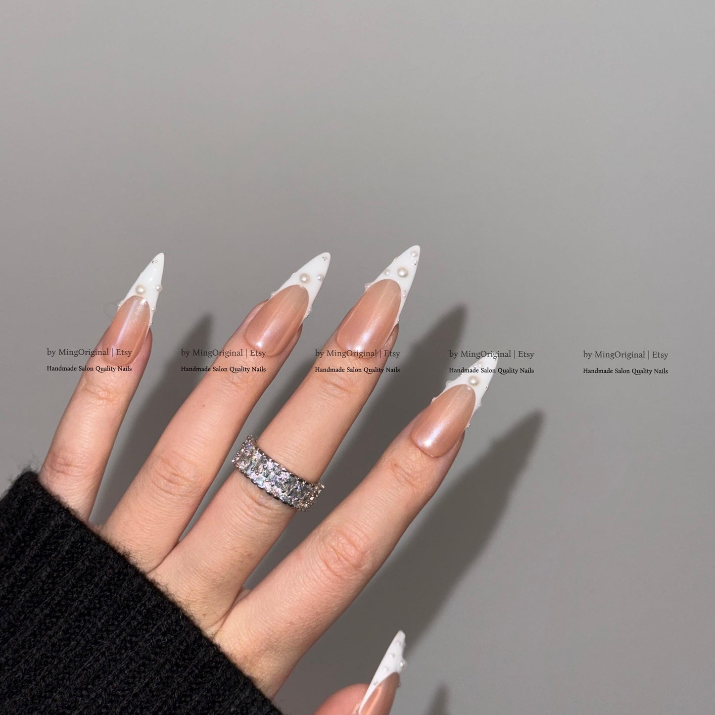 Pearl French Tip Press On Nails, Glazed Donuts Pearlescent Chrome White Glue On Nails, Nude Fake Nails, Bridal Manicure MO858
