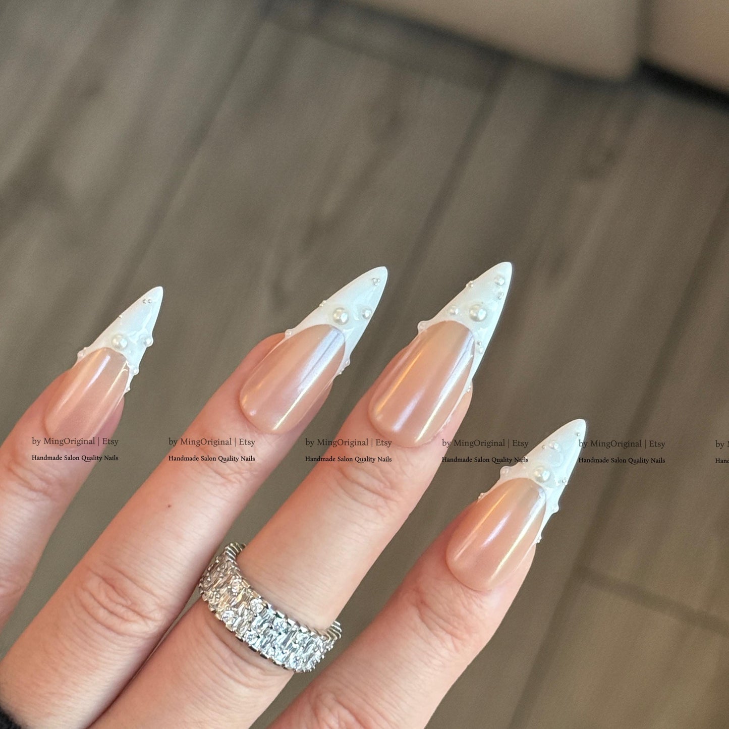 Pearl French Tip Press On Nails, Glazed Donuts Pearlescent Chrome White Glue On Nails, Nude Fake Nails, Bridal Manicure MO858