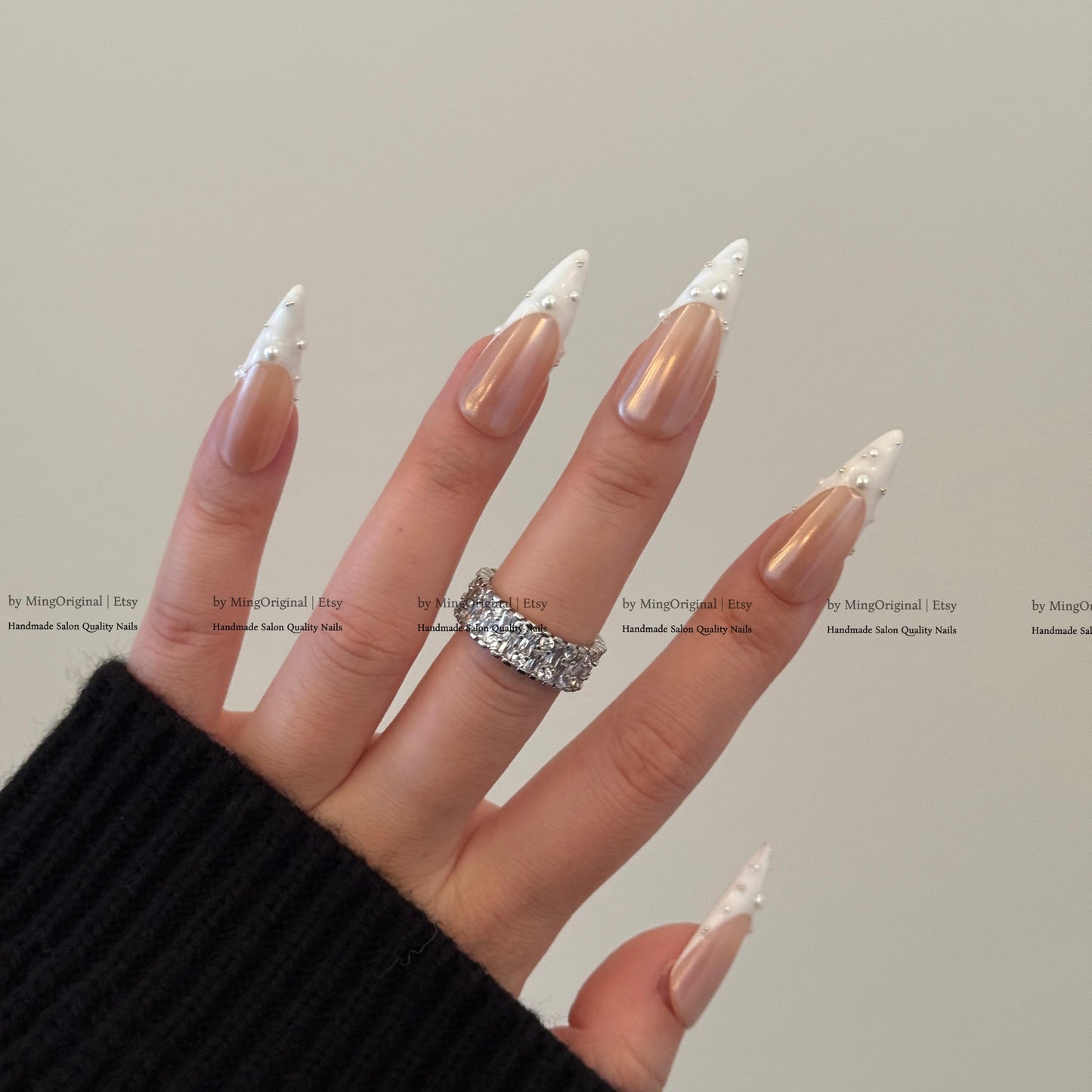 Pearl French Tip Press On Nails, Glazed Donuts Pearlescent Chrome White Glue On Nails, Nude Fake Nails, Bridal Manicure MO858