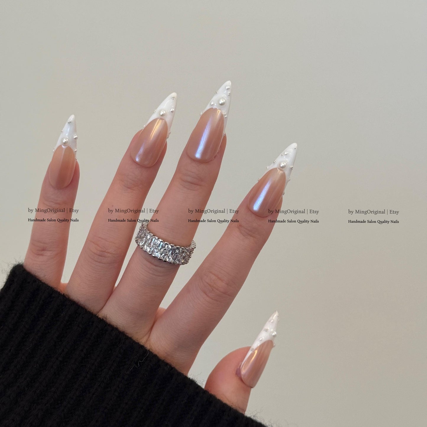 Pearl French Tip Press On Nails, Glazed Donuts Pearlescent Chrome White Glue On Nails, Nude Fake Nails, Bridal Manicure MO858