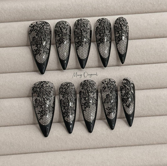 Black lace flower french tip press on nail, wedding nail, glue on nail, reuse nail, fake nail, holiday trending nail, MO282