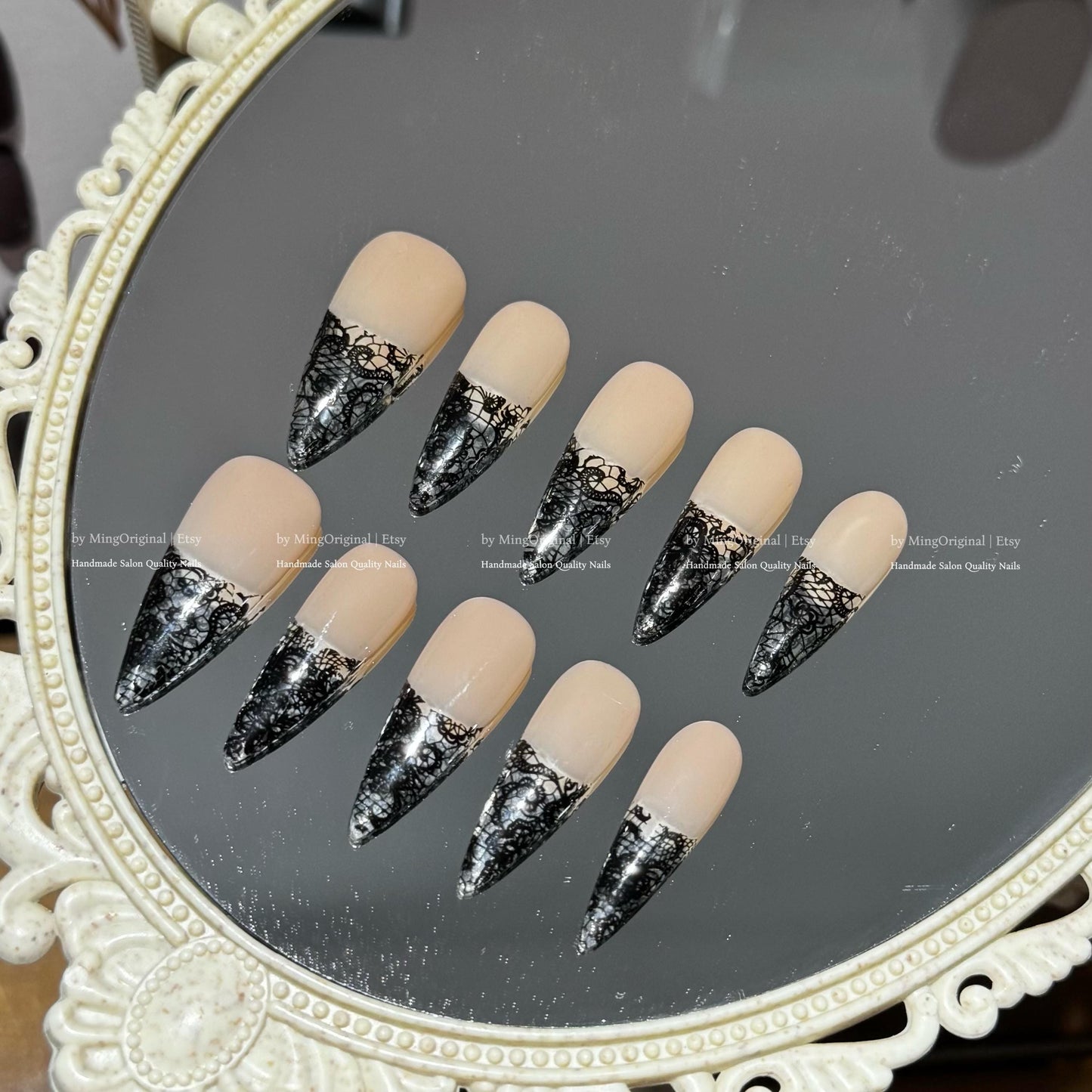 Black lace flower french tip press on nail, wedding nail, glue on nail, reuse nail, fake nail, holiday trending nail, MO788