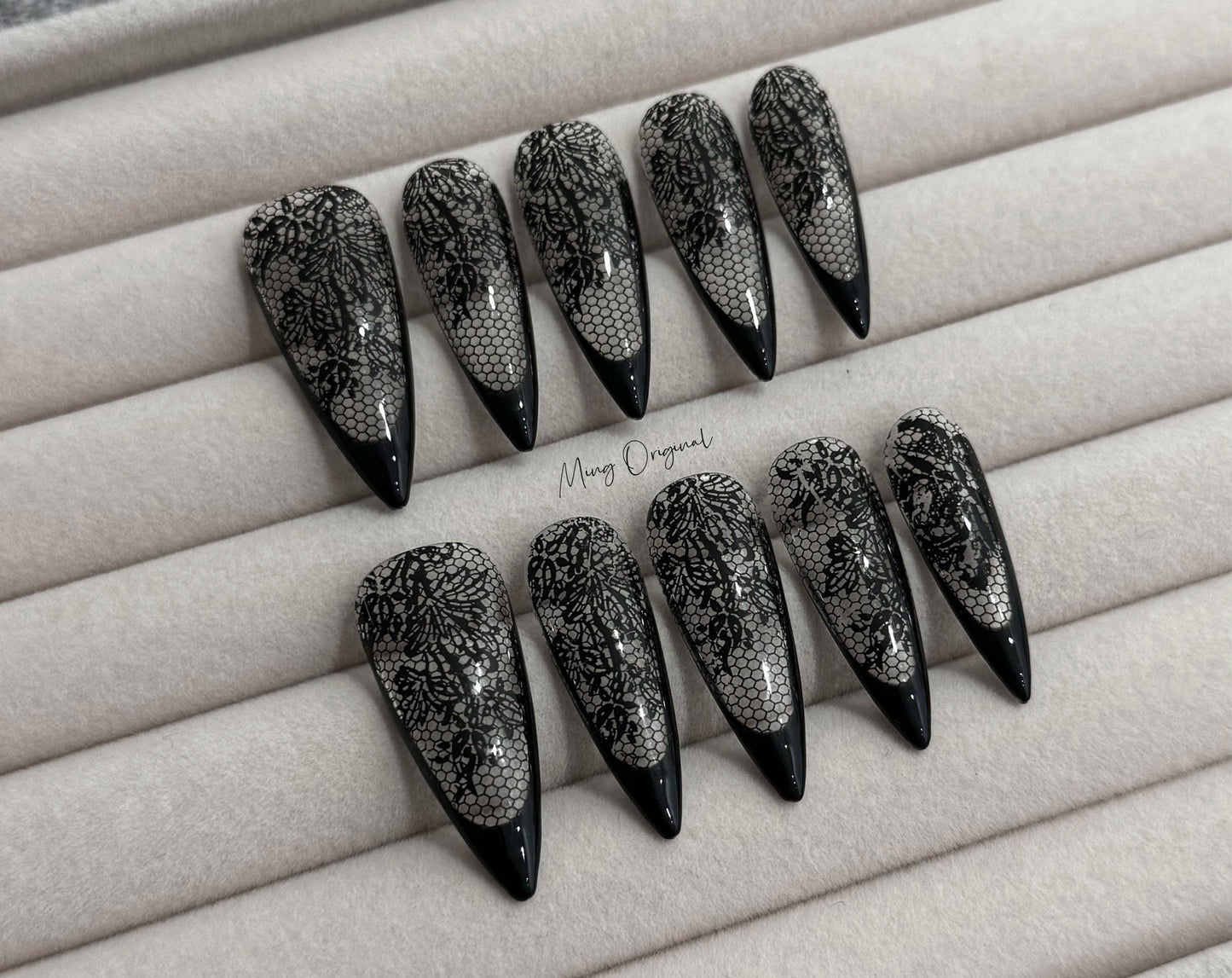 Black lace flower french tip press on nail, wedding nail, glue on nail, reuse nail, fake nail, holiday trending nail, MO282