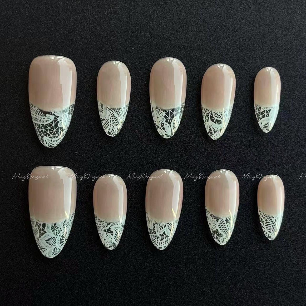 Natural Nude White Lace flower french tip press on nail, wedding nail, glue on nail, reuse nail, fake nail, holiday trending nail, MO642