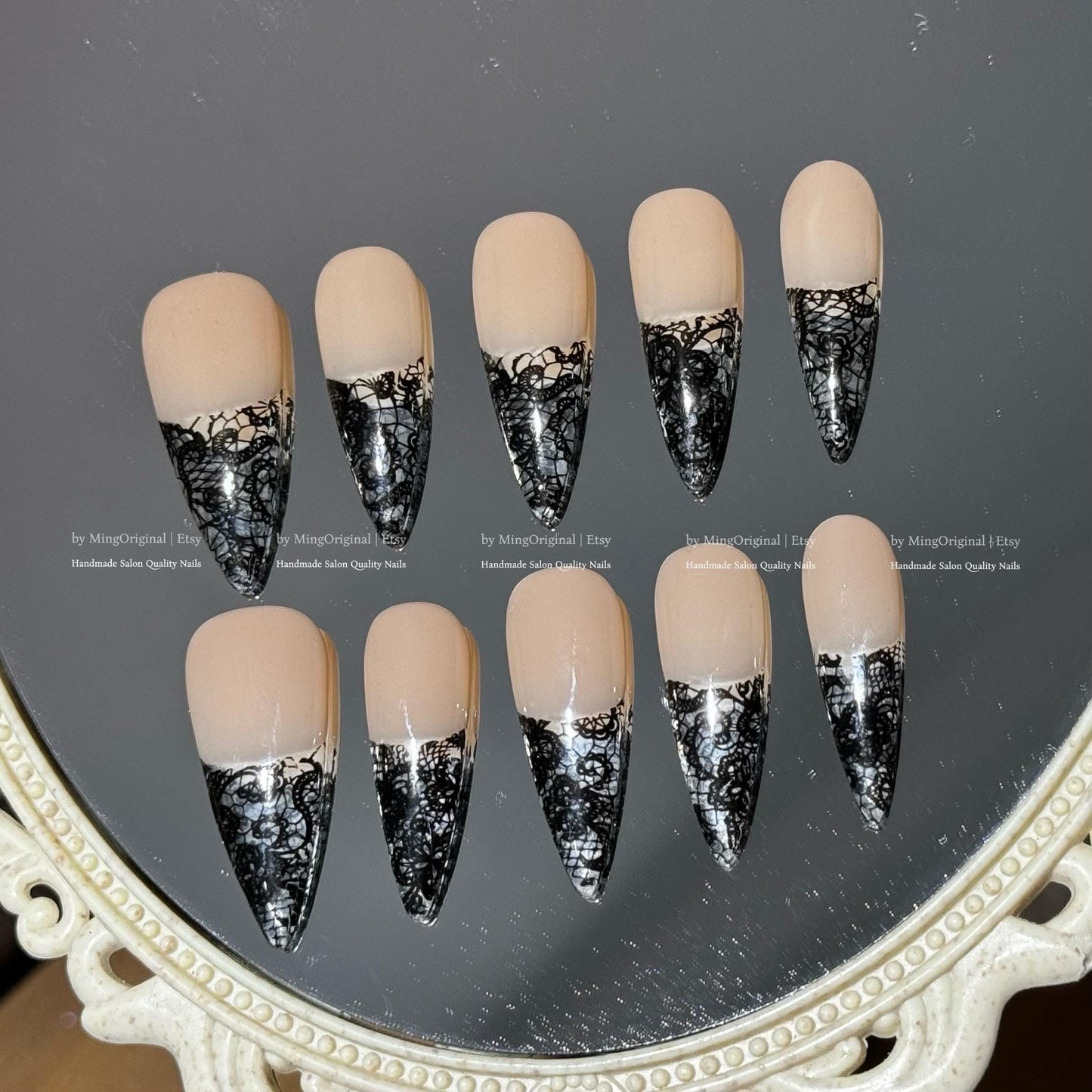 Black lace flower french tip press on nail, wedding nail, glue on nail, reuse nail, fake nail, holiday trending nail, MO788