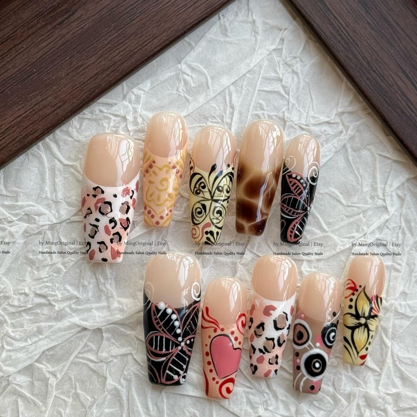 Animal Print Nails, Nuance Brown French Tip Mixed Design Press On Nails, Heart Valentine nail MO859