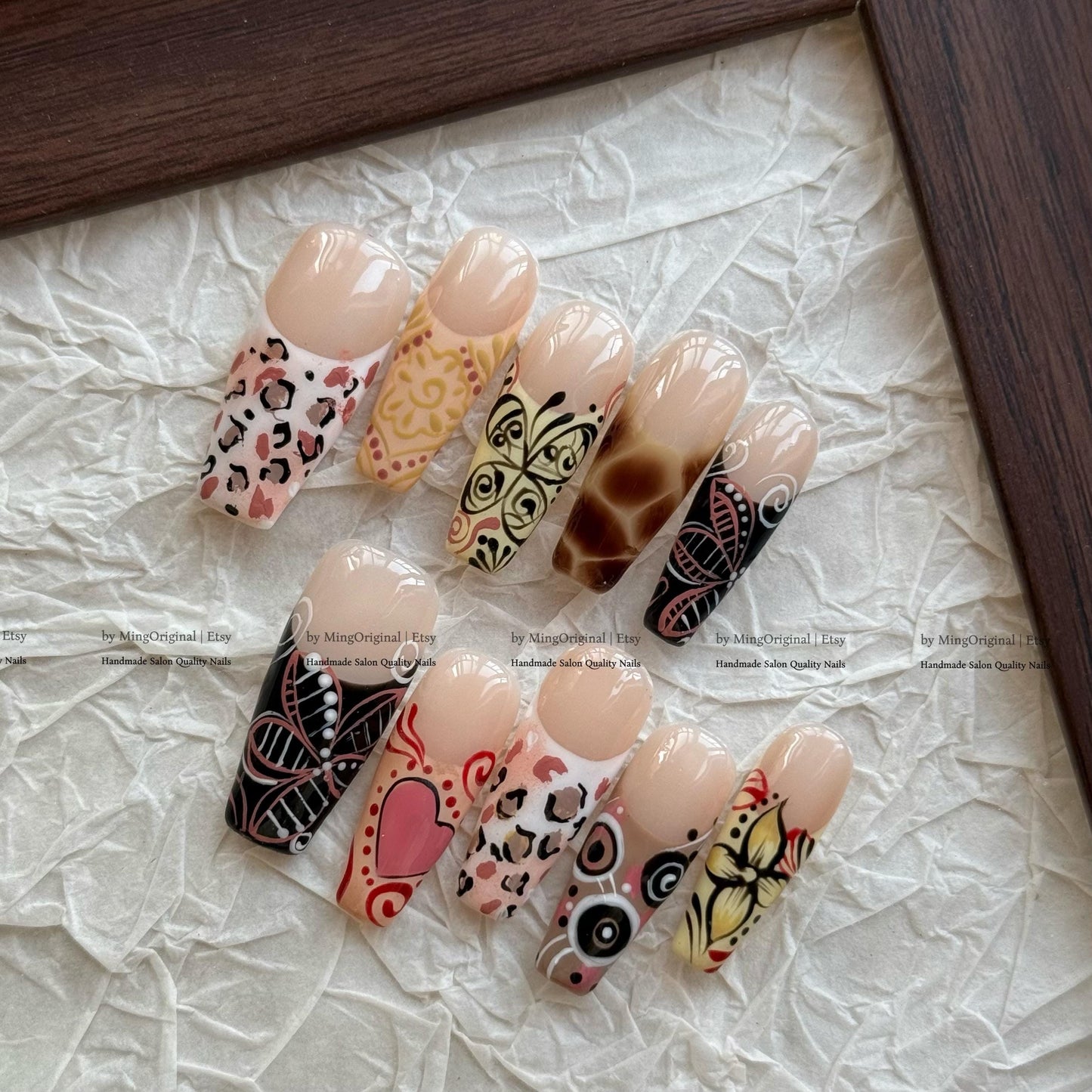 Animal Print Nails, Nuance Brown French Tip Mixed Design Press On Nails, Heart Valentine nail MO859