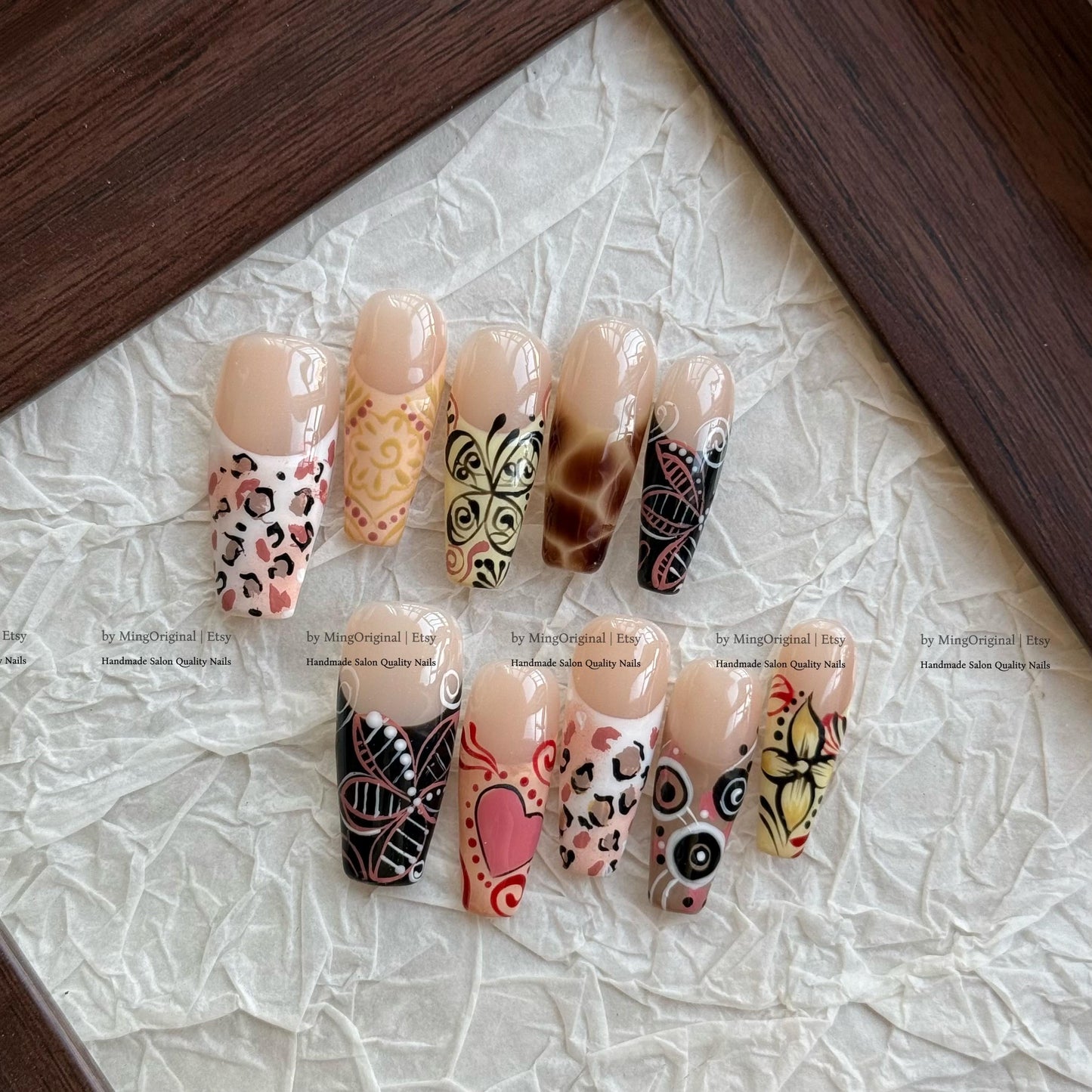 Animal Print Nails, Nuance Brown French Tip Mixed Design Press On Nails, Heart Valentine nail MO859
