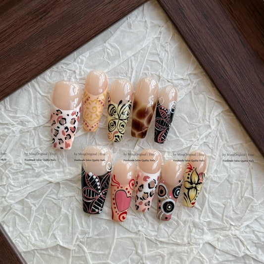 Animal Print Nails, Nuance Brown French Tip Mixed Design Press On Nails, Heart Valentine nail MO859