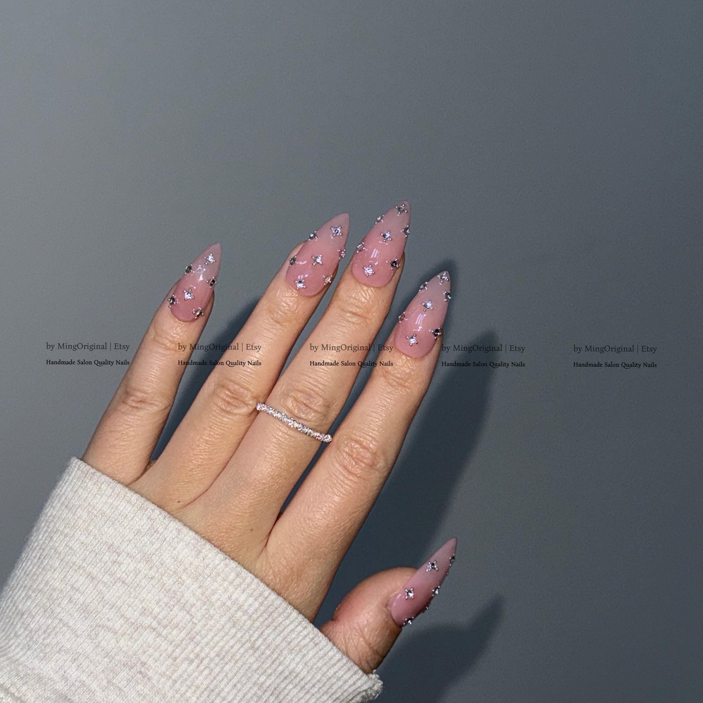 Pink Crystal Press on Nails, Scattered Rhinestone Fake Nails, Handmade Reusable Glue on Nails, MO860