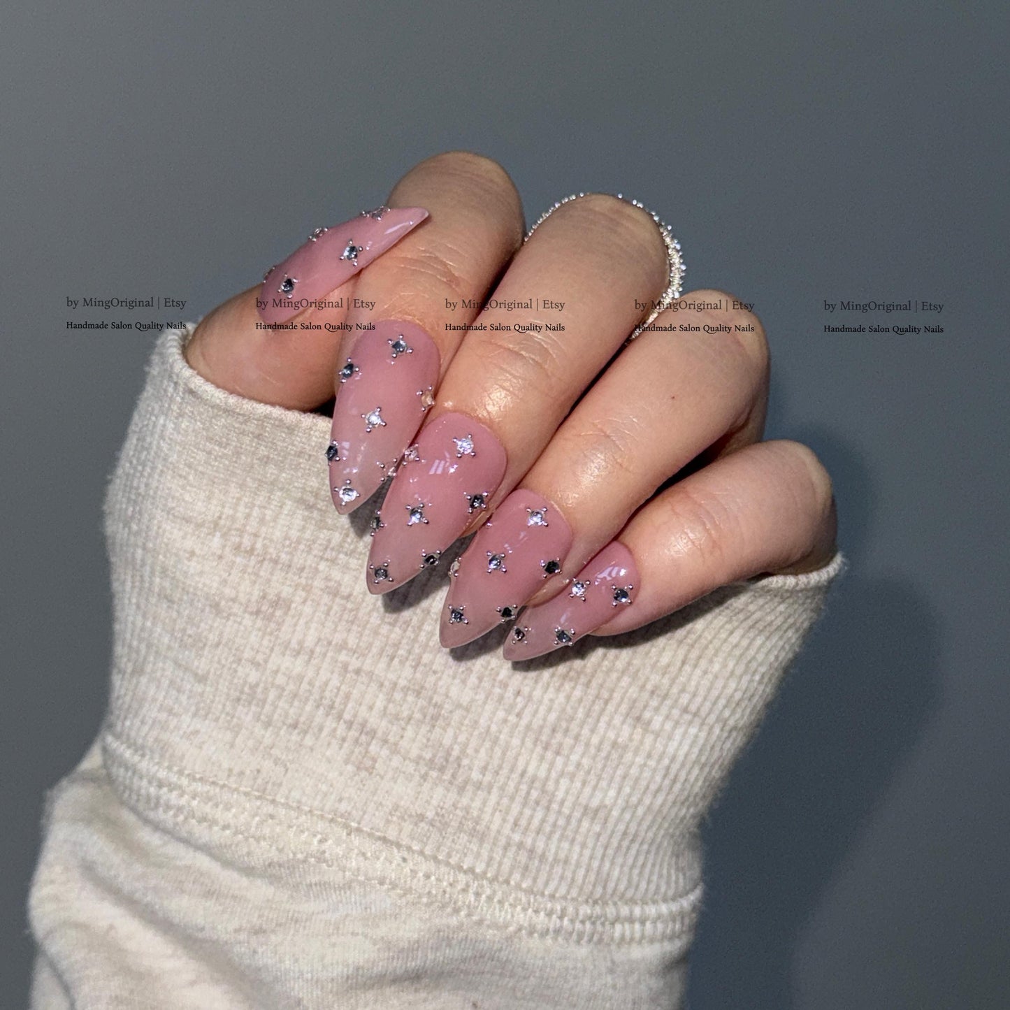 Pink Crystal Press on Nails, Scattered Rhinestone Fake Nails, Handmade Reusable Glue on Nails, MO860