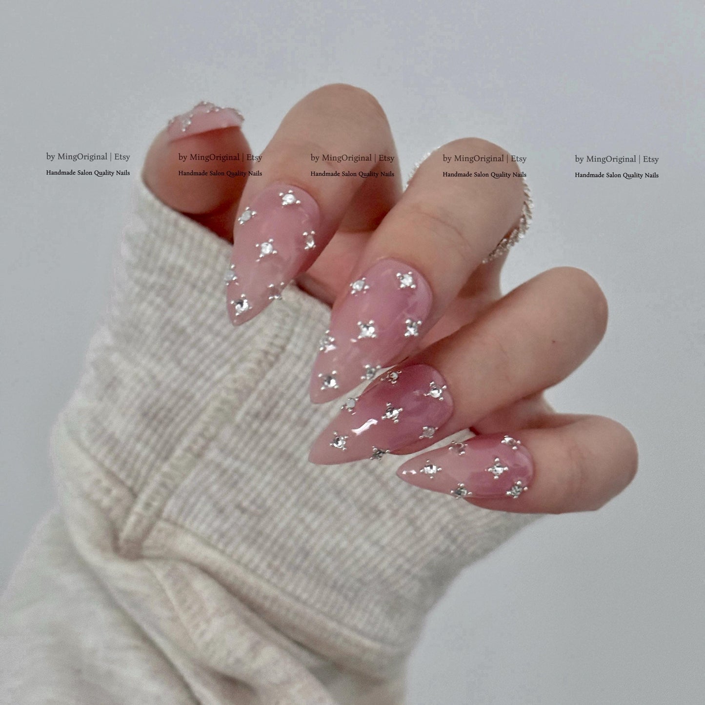 Pink Crystal Press on Nails, Scattered Rhinestone Fake Nails, Handmade Reusable Glue on Nails, MO860
