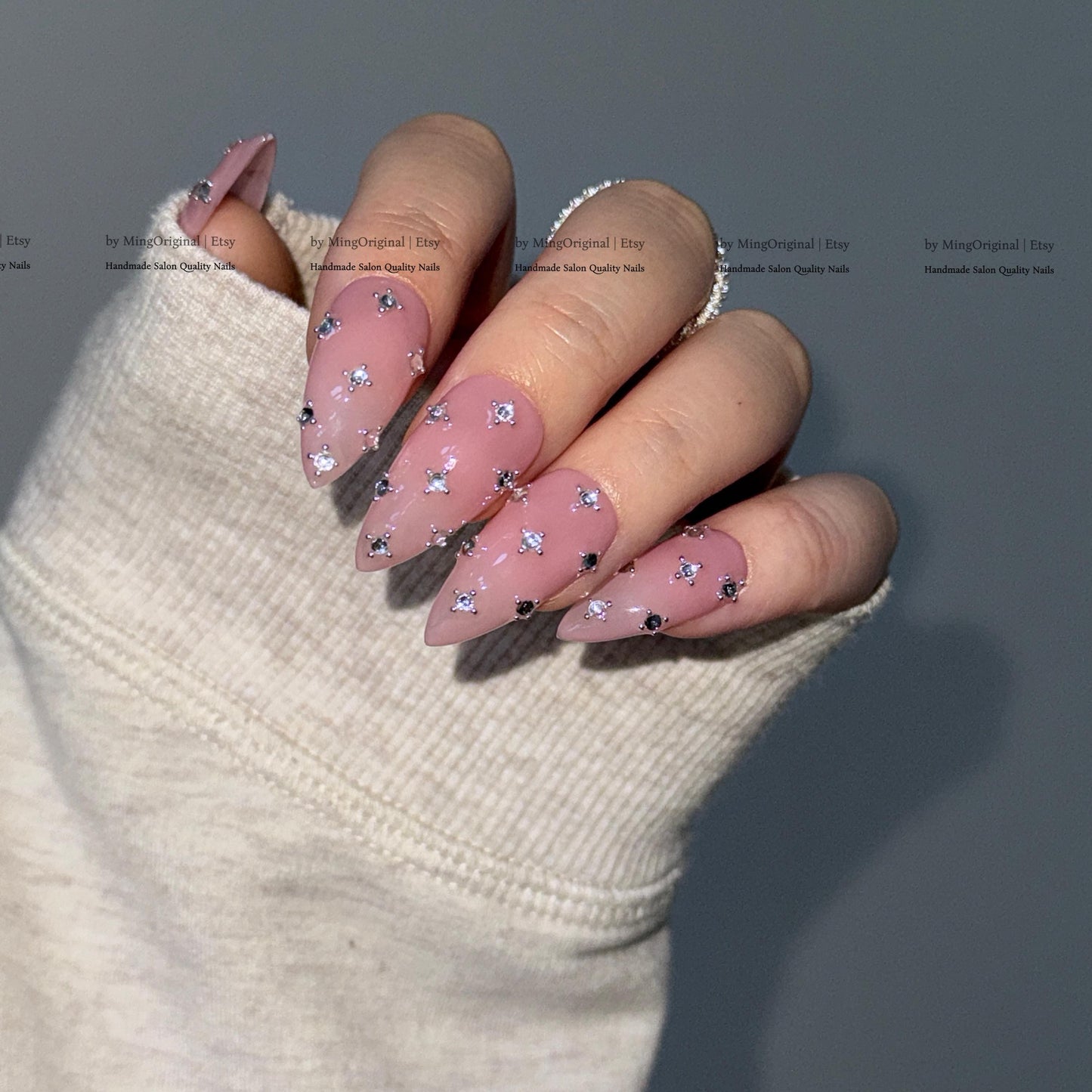 Pink Crystal Press on Nails, Scattered Rhinestone Fake Nails, Handmade Reusable Glue on Nails, MO860