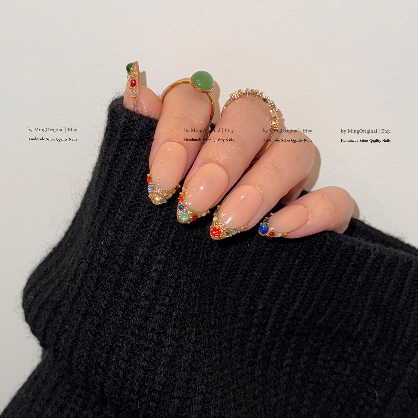 Colorful Gemstone French Press on Nails, Gold Foil Tip Fake Nails, Handmade Reusable Glue on Nails, MO861