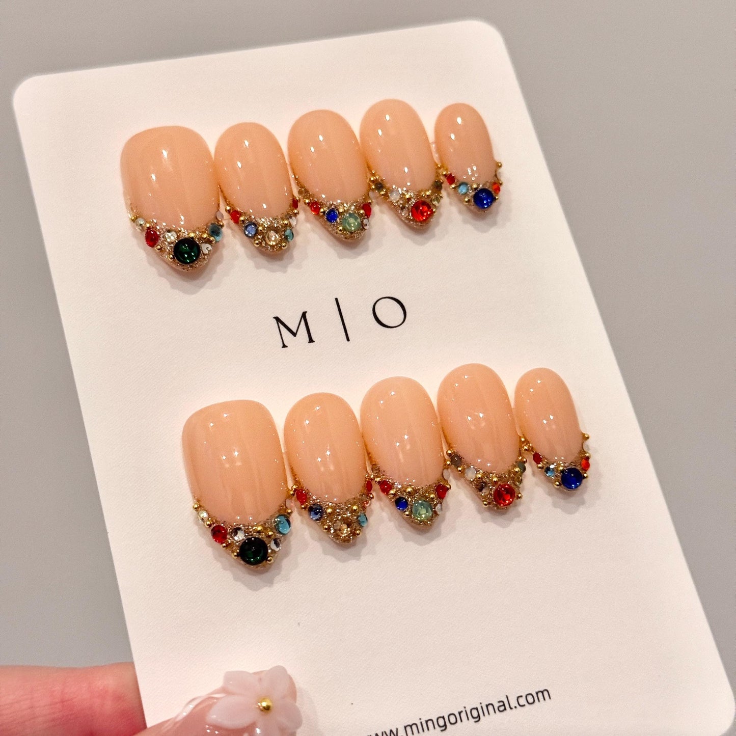 Colorful Gemstone French Press on Nails, Gold Foil Tip Fake Nails, Handmade Reusable Glue on Nails, MO861