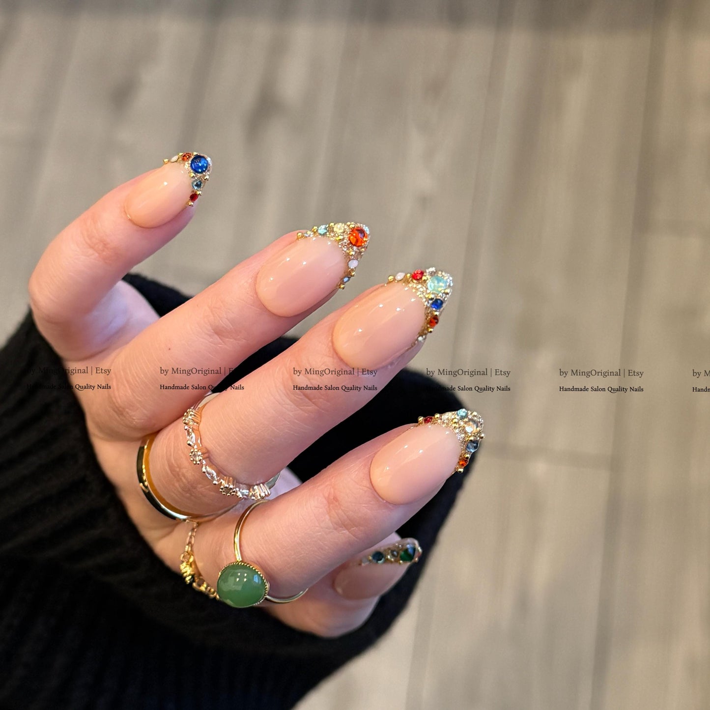 Colorful Gemstone French Press on Nails, Gold Foil Tip Fake Nails, Handmade Reusable Glue on Nails, MO861