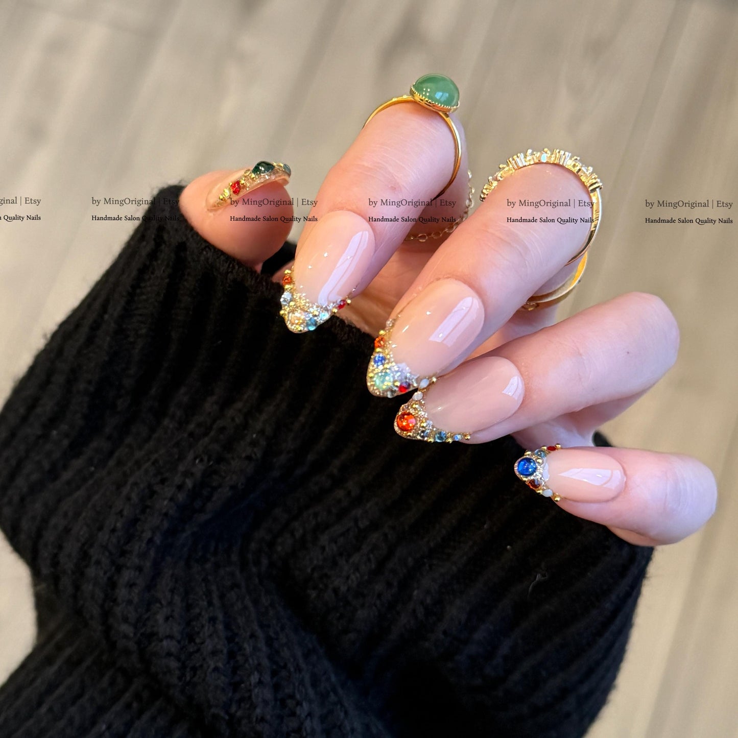 Colorful Gemstone French Press on Nails, Gold Foil Tip Fake Nails, Handmade Reusable Glue on Nails, MO861