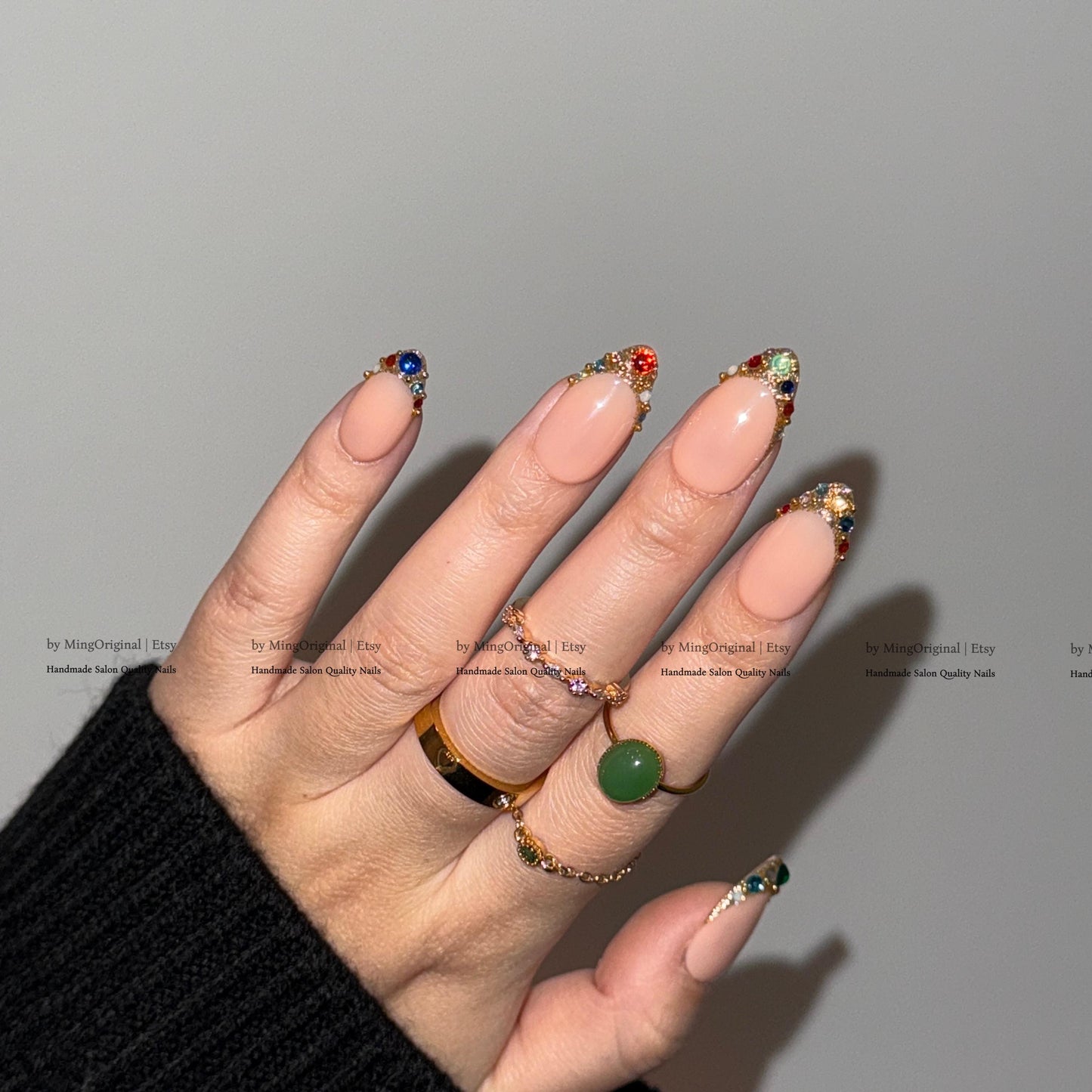 Colorful Gemstone French Press on Nails, Gold Foil Tip Fake Nails, Handmade Reusable Glue on Nails, MO861