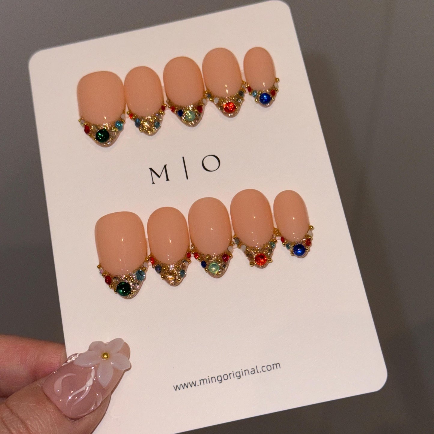 Colorful Gemstone French Press on Nails, Gold Foil Tip Fake Nails, Handmade Reusable Glue on Nails, MO861