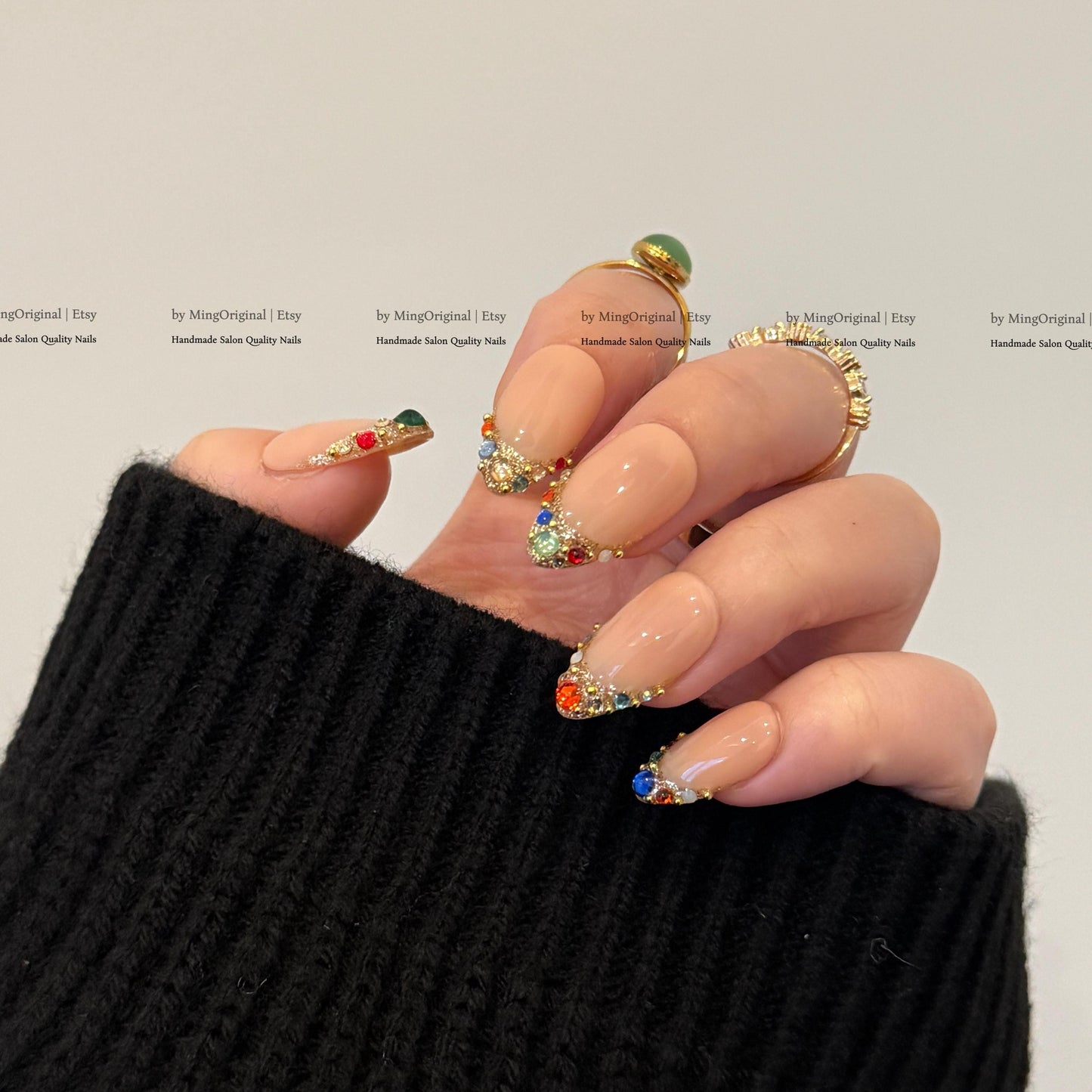 Colorful Gemstone French Press on Nails, Gold Foil Tip Fake Nails, Handmade Reusable Glue on Nails, MO861
