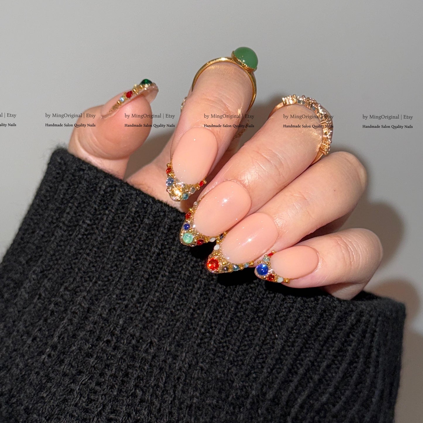 Colorful Gemstone French Press on Nails, Gold Foil Tip Fake Nails, Handmade Reusable Glue on Nails, MO861