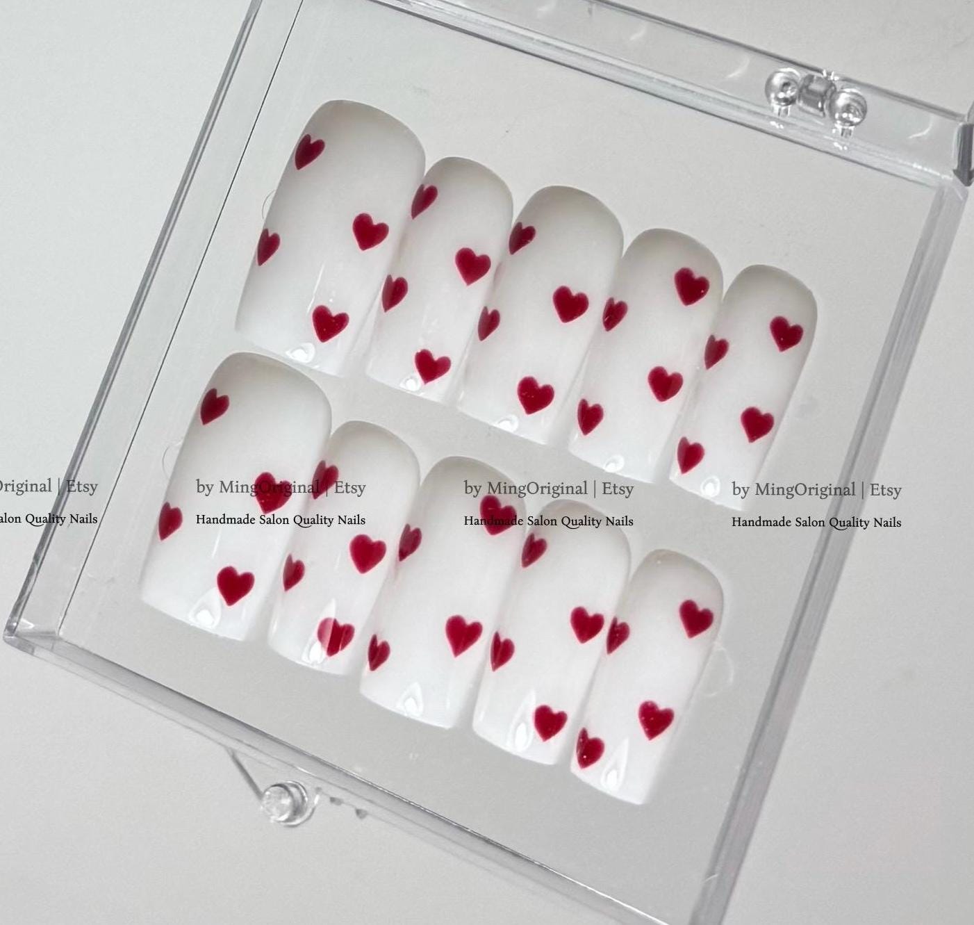 Milky White Press on Nails with Red Hearts, Handmade Reusable Fake Nails, MO867