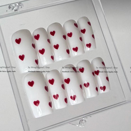 Milky White Press on Nails with Red Hearts, Handmade Reusable Fake Nails, MO867
