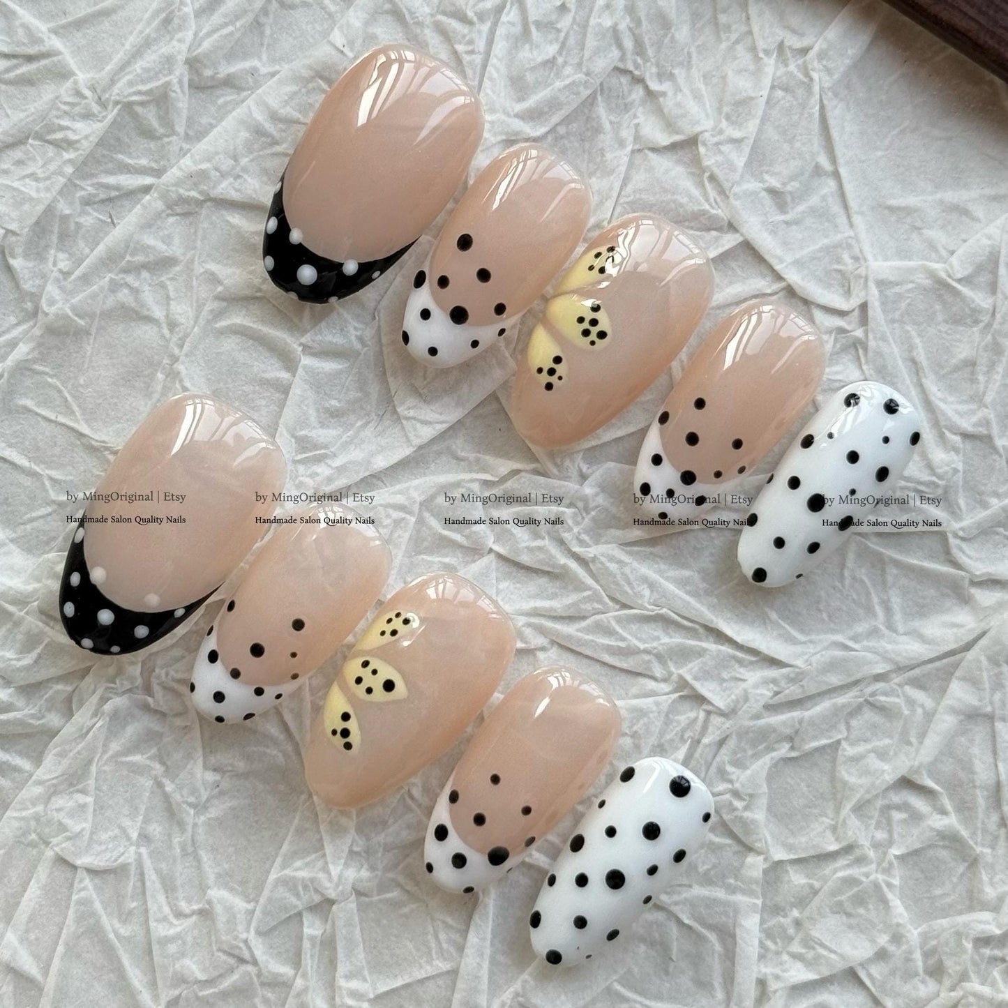 Daisy Press On Nails, Black White French Tip, Handmade Floral Nail Art, Gold Studded Nude Nails, Yellow Flower,MO869