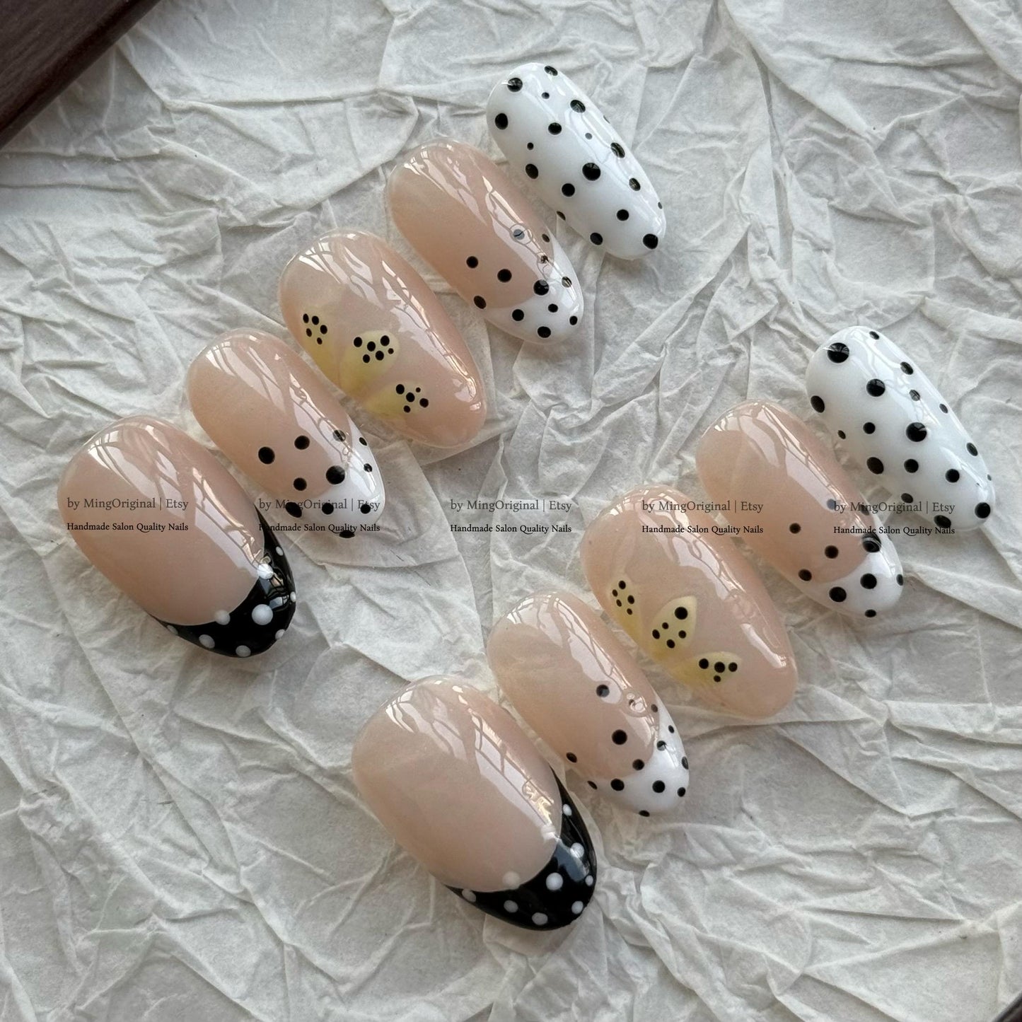 Daisy Press On Nails, Black White French Tip, Handmade Floral Nail Art, Gold Studded Nude Nails, Yellow Flower,MO869