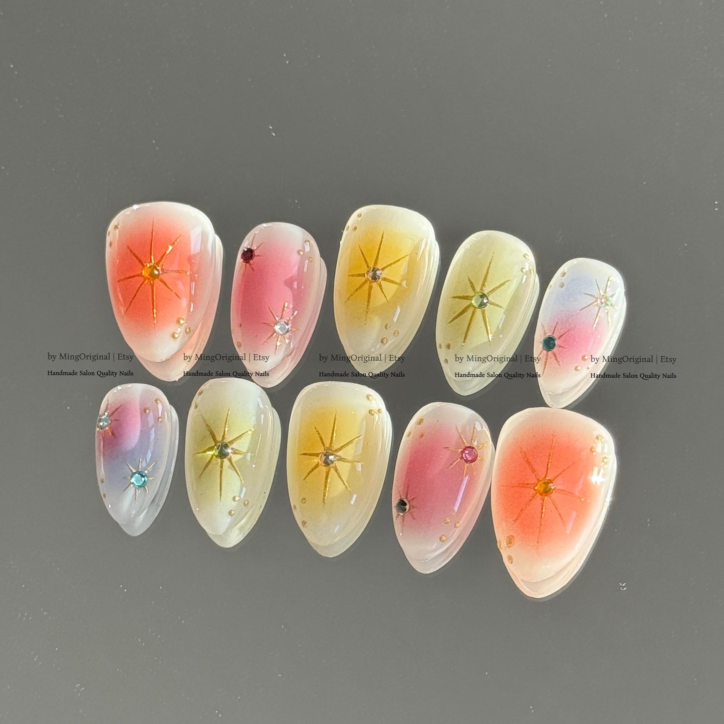 Handmade Press on Nails, Colorful Aura Starburst Design, Sunset Ombre Reusable Fake Nails, Aura Airbrush, MO870