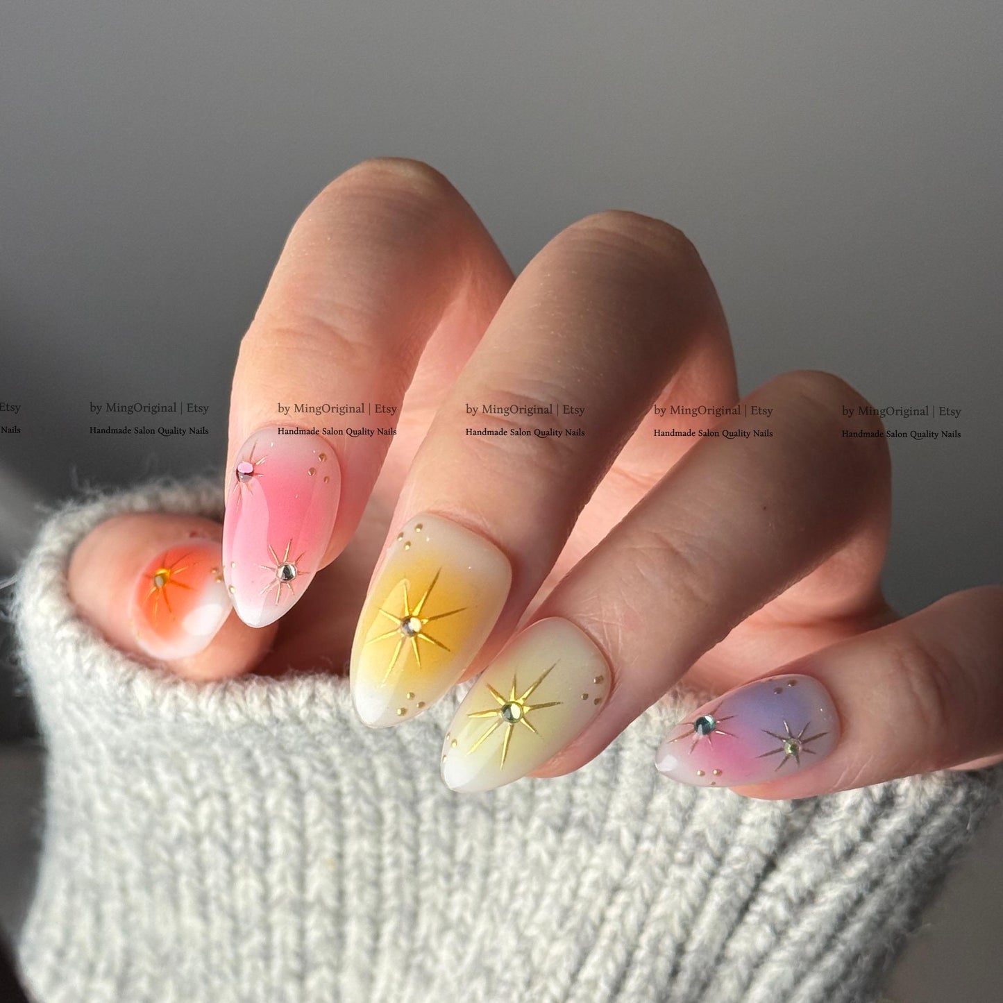 Handmade Press on Nails, Colorful Aura Starburst Design, Sunset Ombre Reusable Fake Nails, Aura Airbrush, MO870