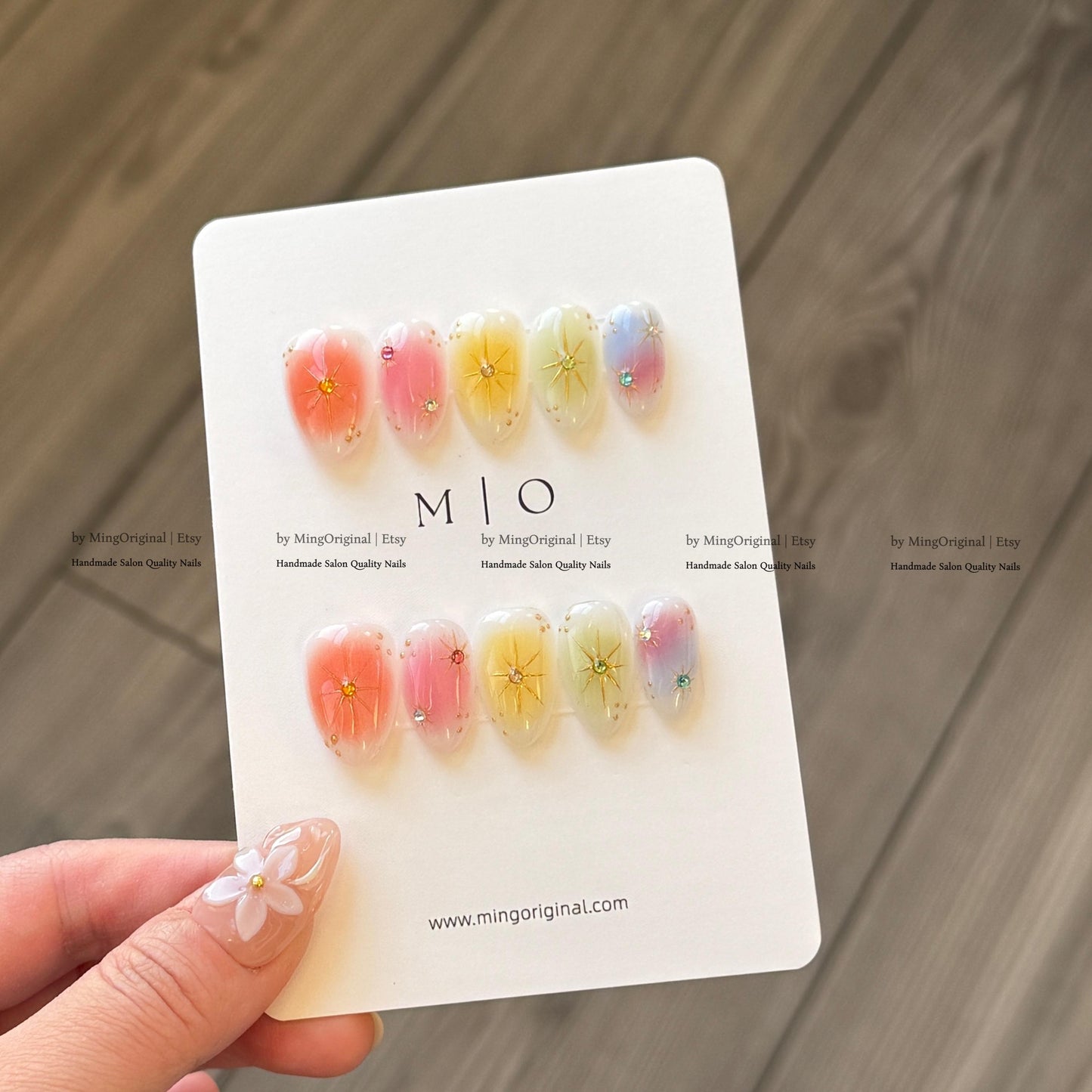 Handmade Press on Nails, Colorful Aura Starburst Design, Sunset Ombre Reusable Fake Nails, Aura Airbrush, MO870