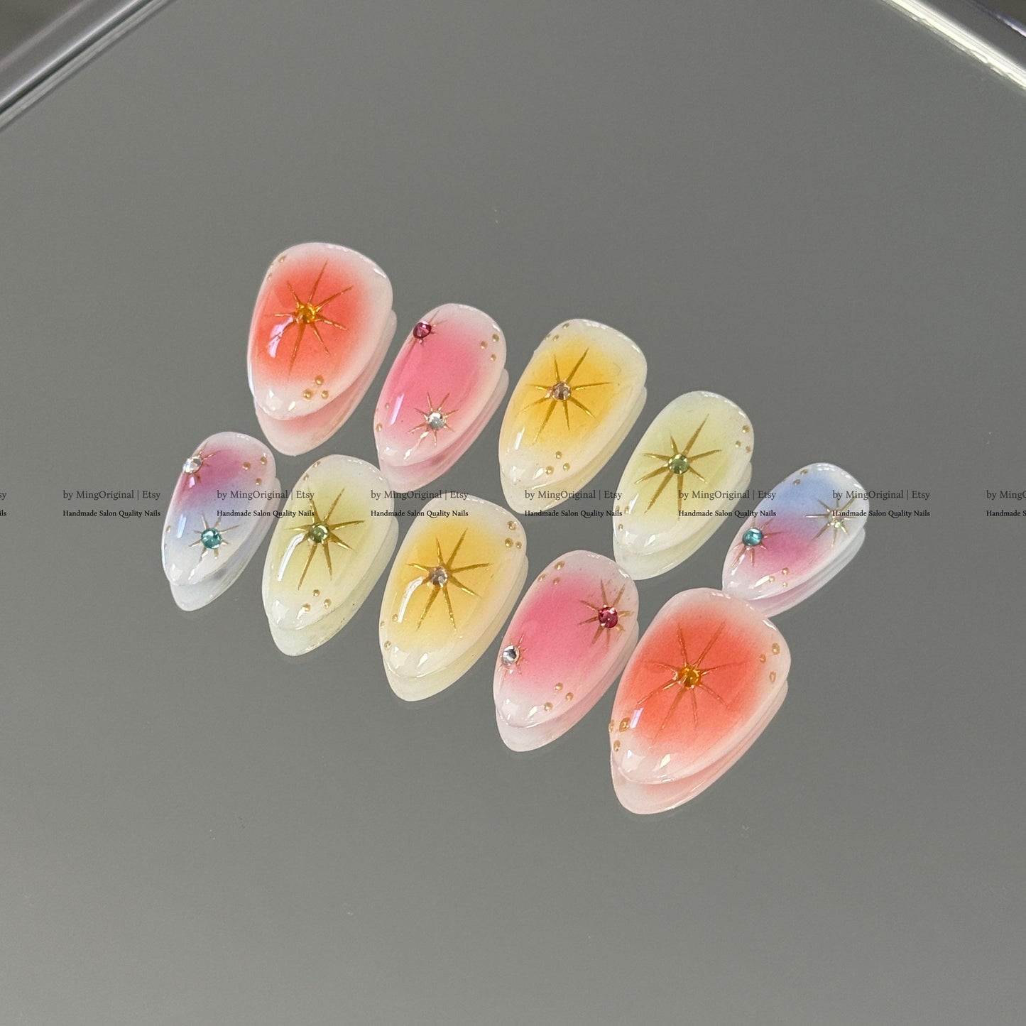 Handmade Press on Nails, Colorful Aura Starburst Design, Sunset Ombre Reusable Fake Nails, Aura Airbrush, MO870